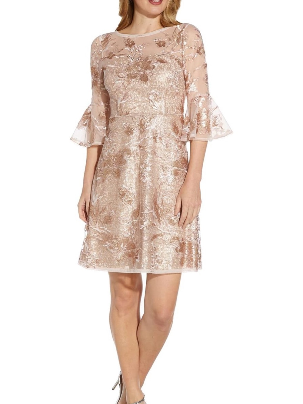 Adrianna Papell Rose Gold Floral Midi Dress